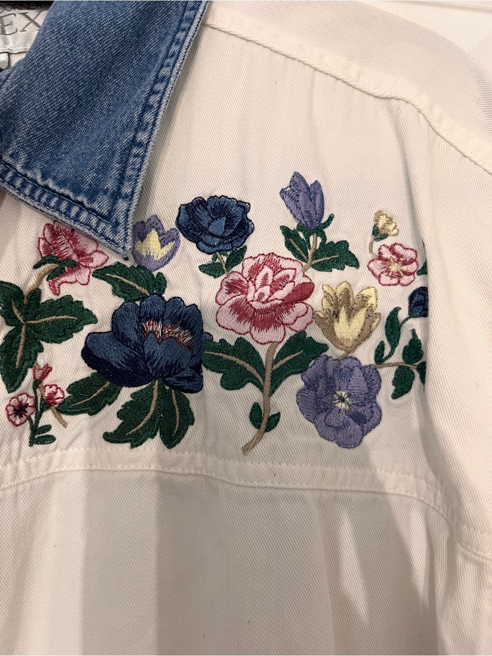 Embroidered Floral Denim-Trim Shirt